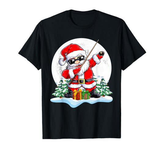 Dabbing Santa Sunglasses Playing Billiard Christmas Player T-Shirt