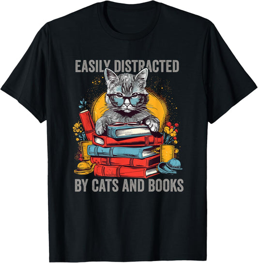 Easily Distracted by Cats and Books Book Lovers T-Shirt