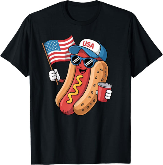 Funny Retro patriotic 4th of July hotdog American flag USA T-Shirt