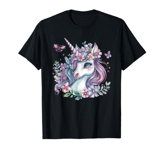 Cute Unicorn With Flowers I Kids Unicorn T-Shirt