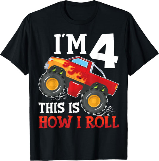 Four 4yr 4th Birthday Monster Truck Boy 4 Years Old T-Shirt