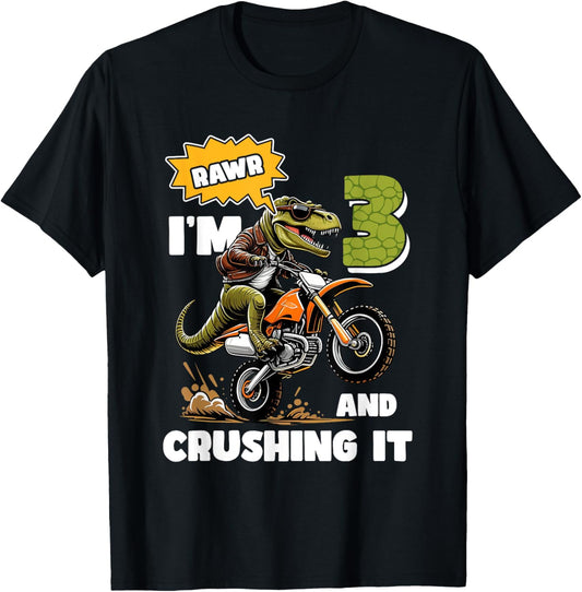 Rawr I'm 3 Dinosaur Birthday Motocross 3rd Birthday Kids Boy T-Shirt