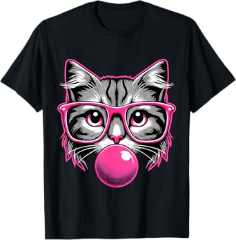 Cat with Glasses and Bubblegum T-Shirt for Men Women Girls Kids