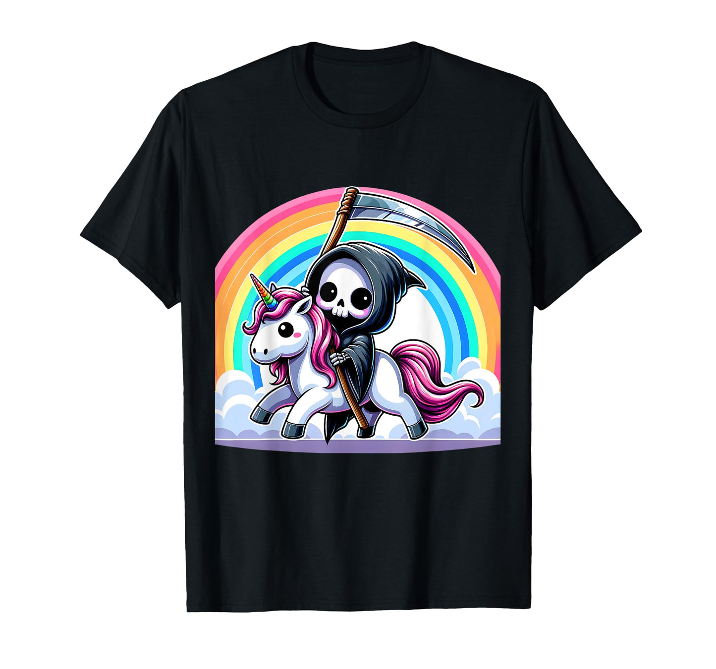 Grim Reaper Riding Unicorn Funny Rainbow Heavy Metal T-Shirt