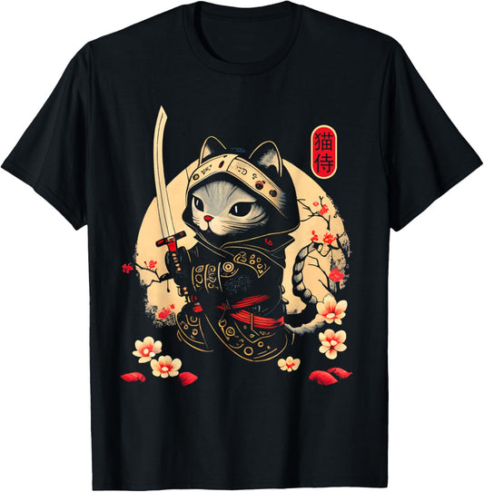 Japanese Samurai Cat Tattoo, Kawaii Ninja Cat T-Shirt