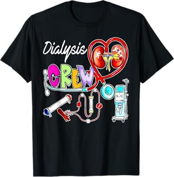 Dialysis Crew Stethoscope Heart Kidney Nephrology Technician T-Shirt, Small, Black