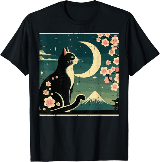 Japanese Tuxedo Cat Moon Sakura Vintage Art Women Girls Kids T-Shirt