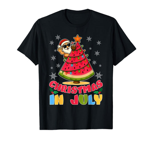 Christmas In July Funny Santa Watermelon Xmas Tree Summer T-Shirt
