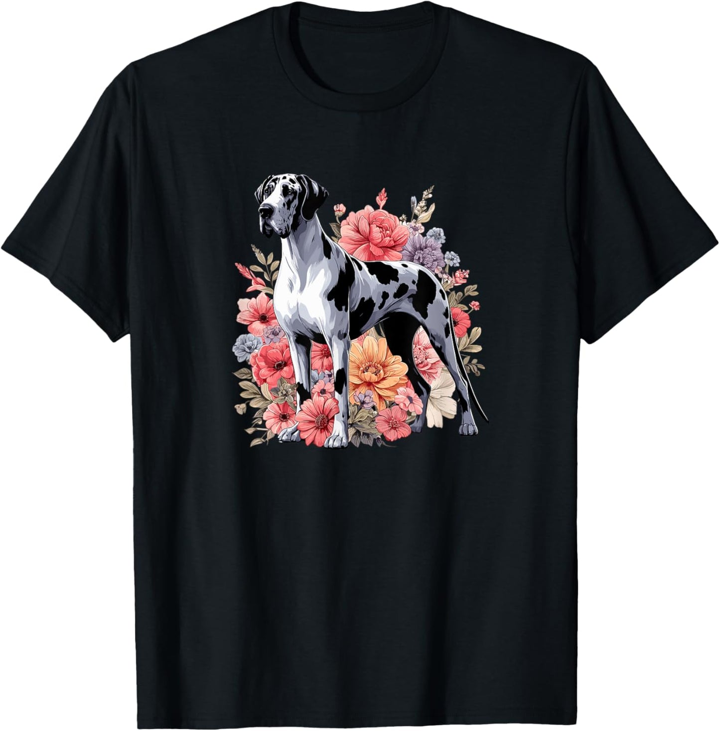 Womens Cute Funny Floral Flowers Great Dane Lover T-Shirt