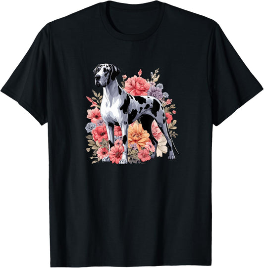 Womens Cute Funny Floral Flowers Great Dane Lover T-Shirt
