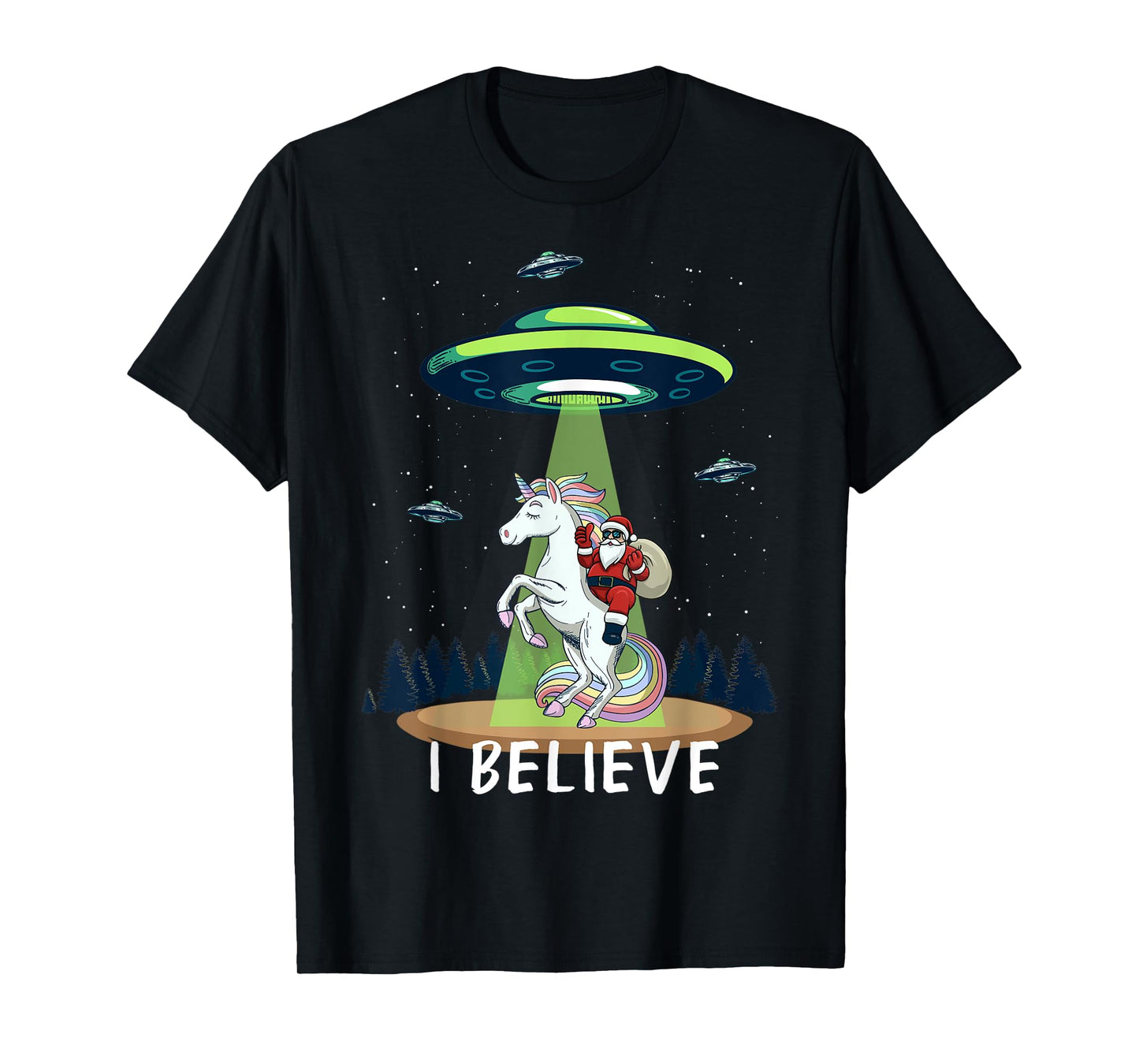 Santa Claus Riding Unicorn Alien space UFO Christmas Design T-Shirt