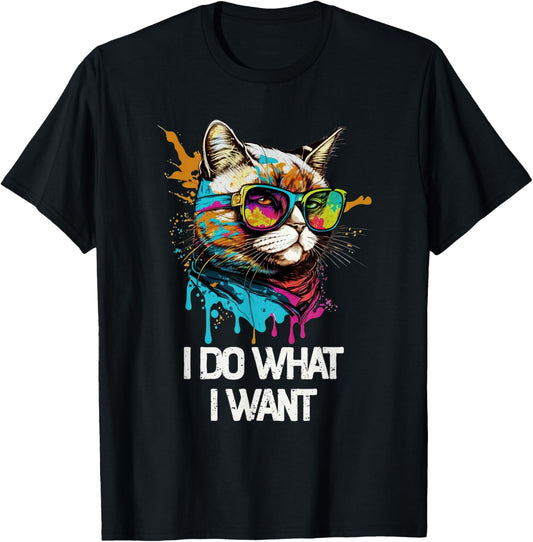 Funny Cat Accessories & Gifts for Boys Girls Kids I Do What I Want Cat With Sunglasses Unisex-Kids Kids Cotton Blend Graphic T-Shirt Black Small Classic Fit Crew Neck Short Sleeve