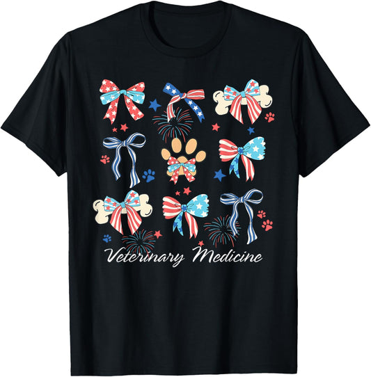 Veterinary Medicine Paw Dog Coquette Bow Vet Tech July 4th T-Shirt
