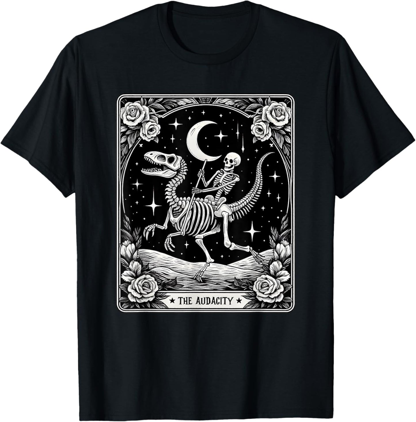 The Audacity Skeleton Riding Dinosaur Tarot Card Halloween T-Shirt