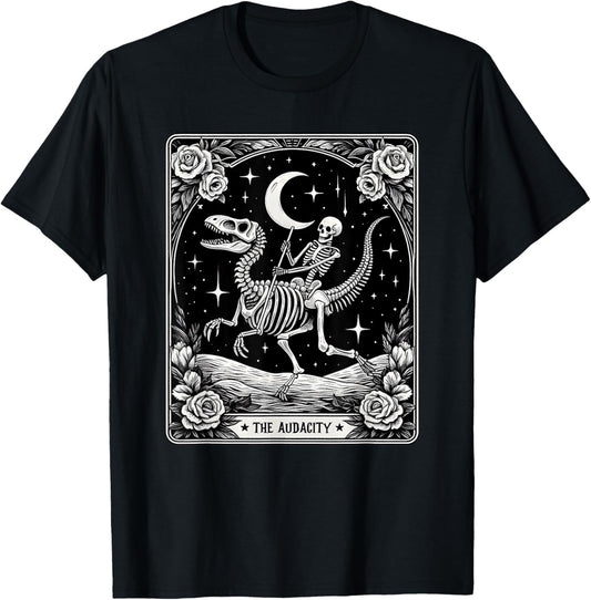 The Audacity Skeleton Riding Dinosaur Tarot Card Halloween T-Shirt