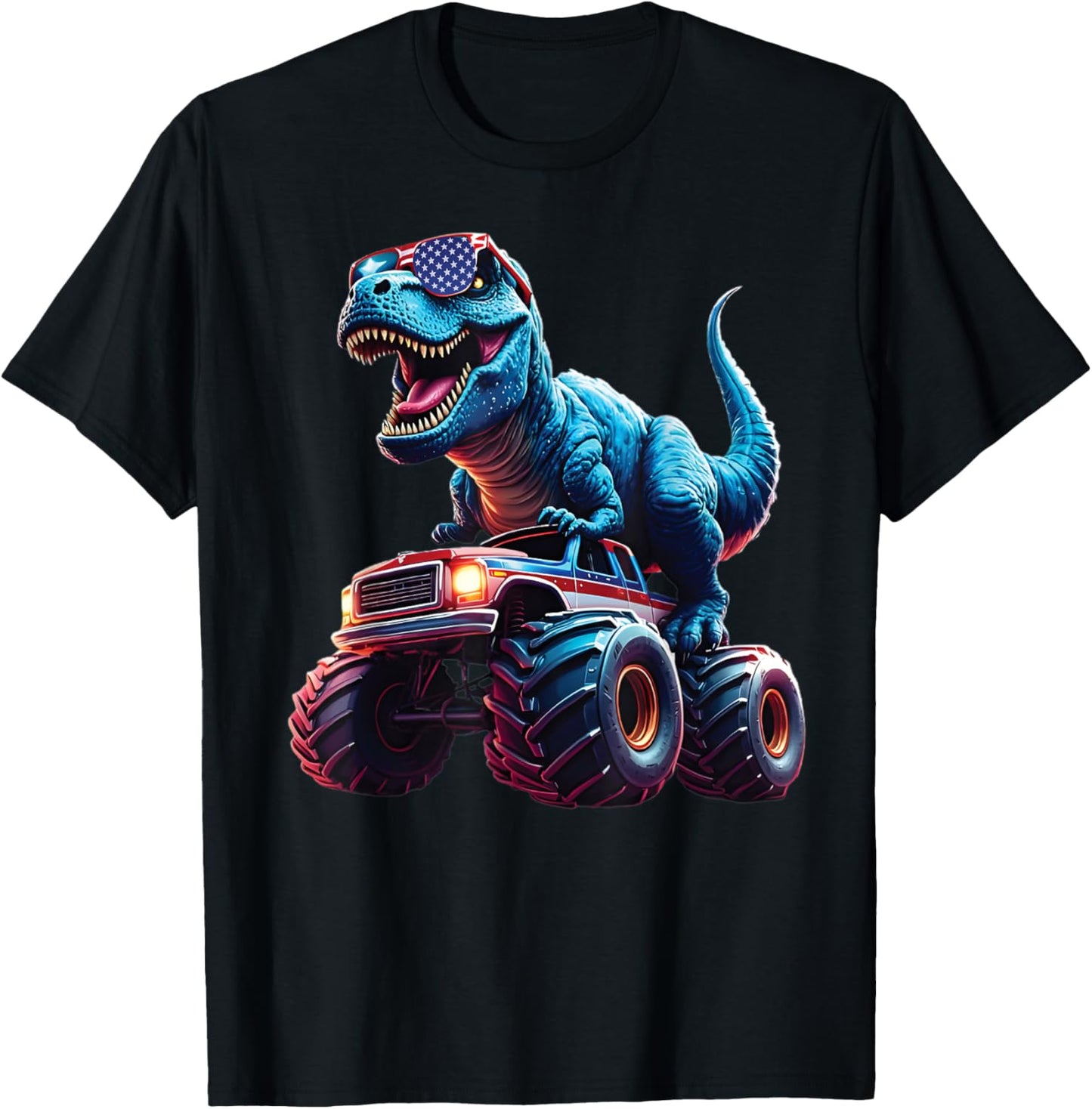 Kids Patriotic Dinosaur Monster Truck USA Flag 4th Of July T-Shirt
