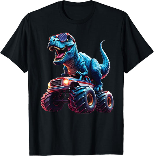 Kids Patriotic Dinosaur Monster Truck USA Flag 4th Of July T-Shirt