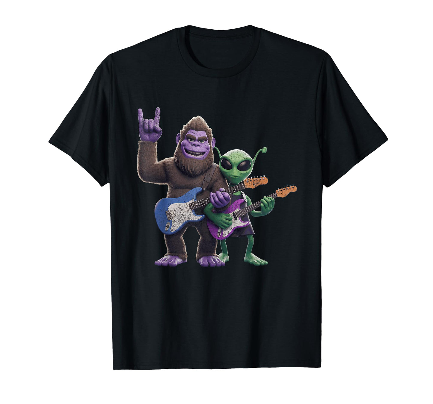 Funny Alien And Bigfoot Sasquatch Guitar Rock On T-Shirt