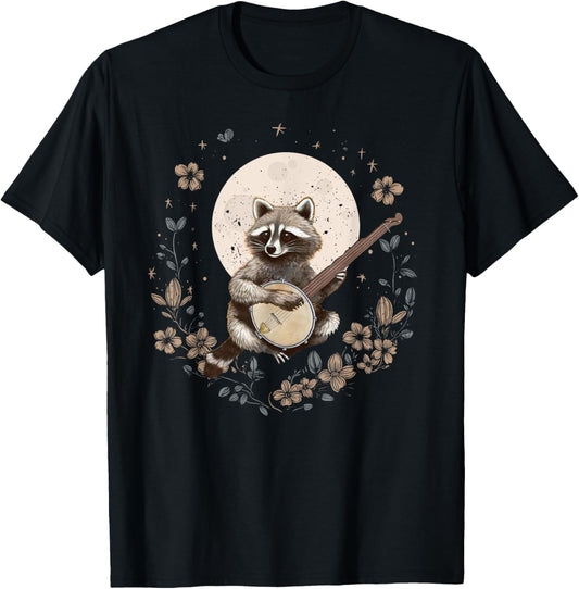 Cottagecore Aesthetic Raccoon Playing Banjo Moon Racoon Tee T-Shirt