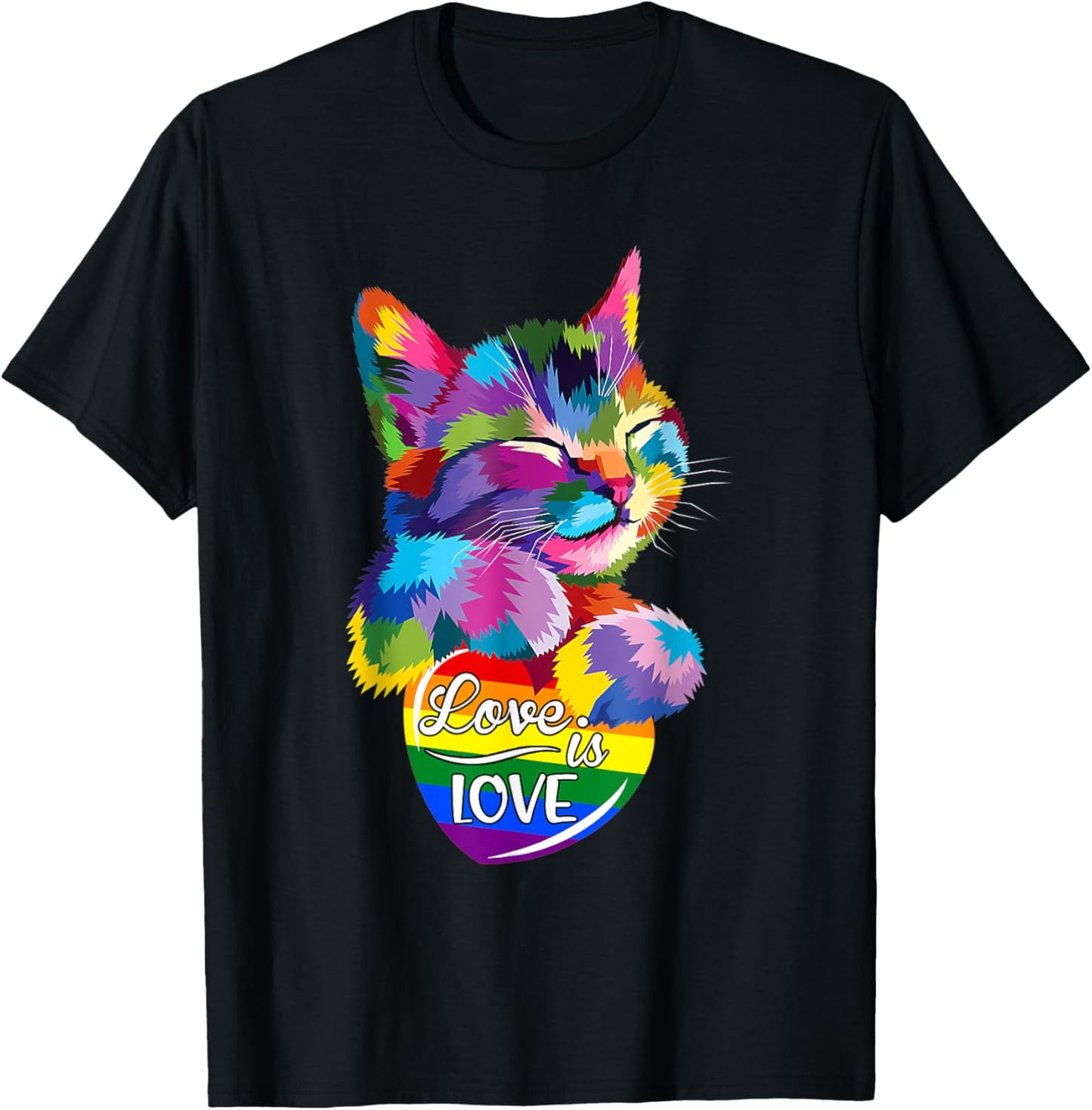 NEW Rainbow Cat Love Is Love LGBT Gay Lesbian Pride Valentin T-Shirt