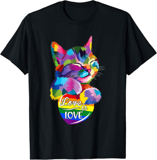 NEW Rainbow Cat Love Is Love LGBT Gay Lesbian Pride Valentin T-Shirt