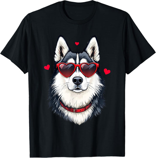Husky Dog Heart Glasses Cute Valentine’s Day T-Shirt