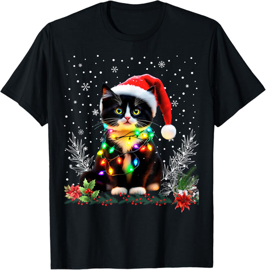 Tuxedo Cat Christmas Santa Hat Funny Meowy Cats Women Men T-Shirt