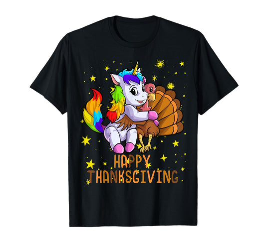 Cute Unicorn Hugs Turkey Happy Thanksgiving Girls T-Shirt