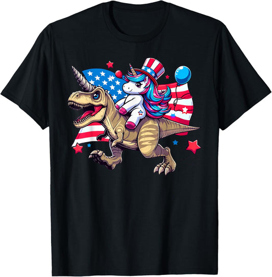 Unicorn Riding T-rex 4th Of July Dinosaur American Flag T-Shirt