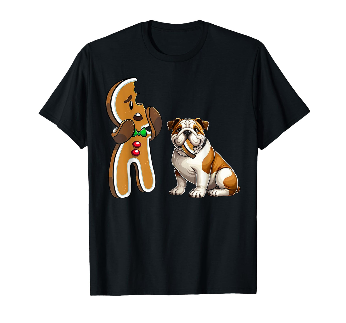 Funny English Bulldog Dog Biting Gingerbread Merry Christmas Men Women Kids T-Shirt