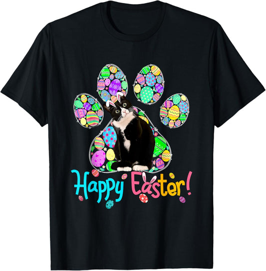 Cute Colorful Easter Eggs Paw Tuxedo Cat Happy Easter Day Men Women Girls Kids T-Shirt