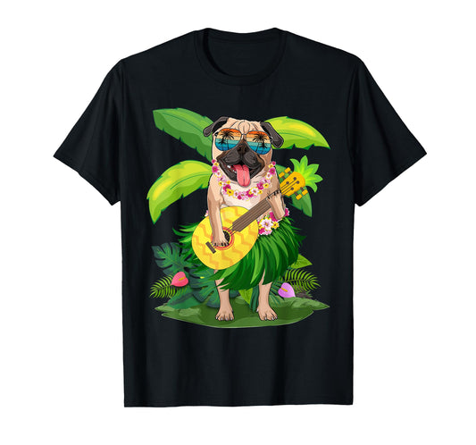 Hawaiian Pug Dog & Pineapple Ukulele Summer Vacation T-Shirt