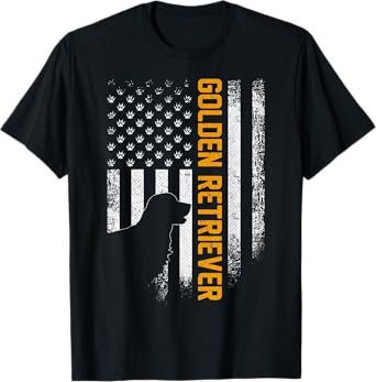 Vintage USA Golden Retriever Silhouette American Flag Funny T-Shirt