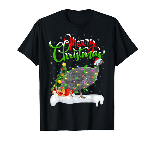 Xmas Lights Tree Santa Guinea Fowl Bird Merry Christmas T-Shirt