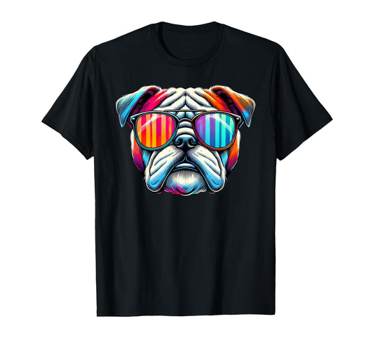 Colorful English Bulldog Wearing Sunglasses Men Women Girls Kids T-Shirt