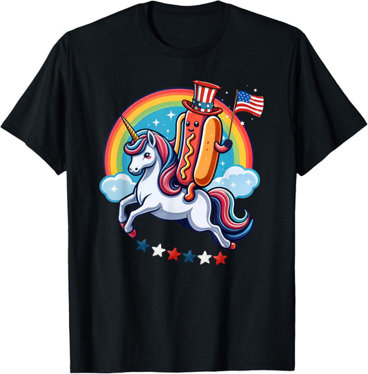Patriotic Hotdog Riding Unicorn 4th Of July American Flag T-Shirt
