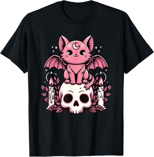 Kawaii Pastel Goth Cute Creepy Cat Bat Skeleton T-Shirt