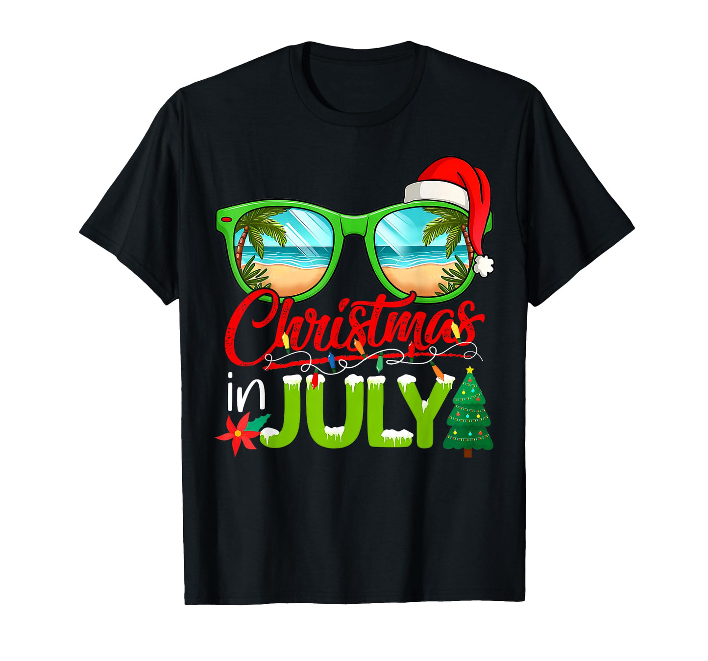 Christmas In July Sunglasses Santa Hat Summer Beach Xmas T-Shirt