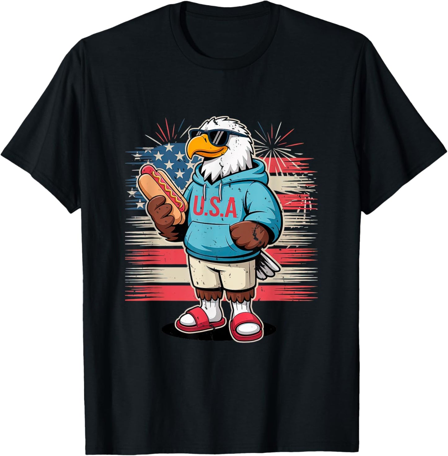 Patriotic Eagle Cartoon with Hot Dog for 4th of July Fun T-Shirt