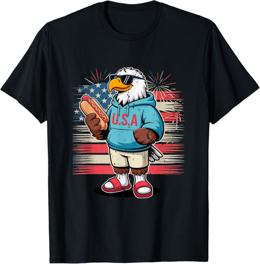 Patriotic Eagle Cartoon with Hot Dog for 4th of July Fun T-Shirt