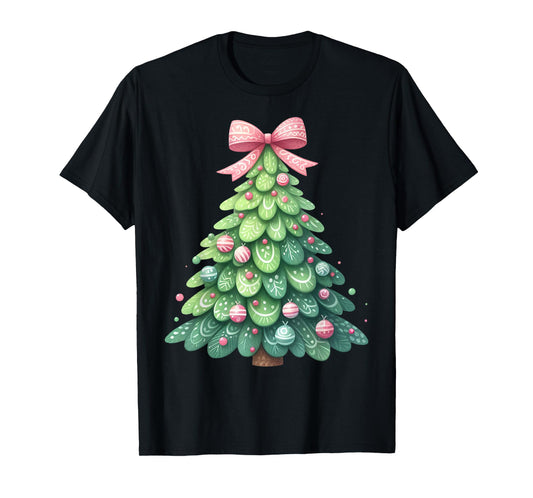 Merry Christmas Tree with Coquette Bow Xmas Holiday Women T-Shirt