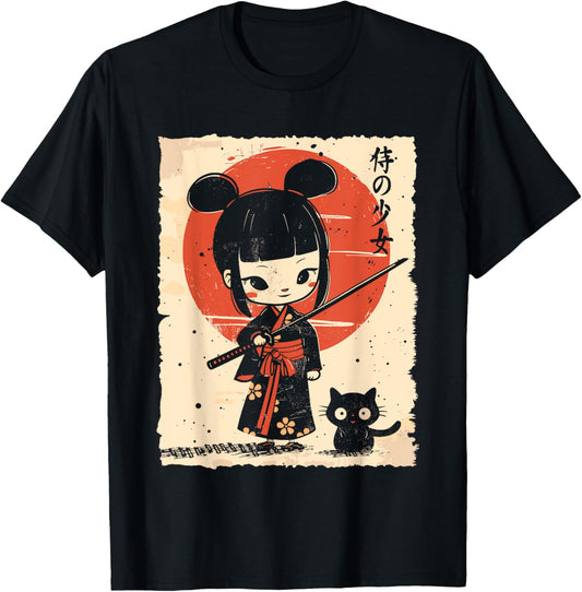 Cute Kawaii Samurai Girl with Katana & Cat Japanese Anime T-Shirt