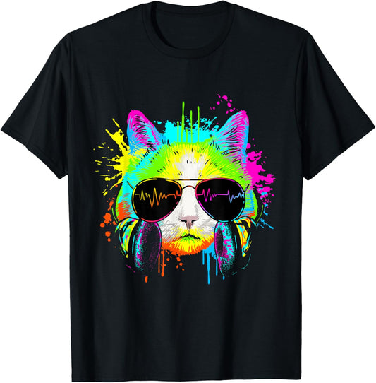 Funny Kitten Colourful Rainbow Rave Music DJ Cat T-Shirt