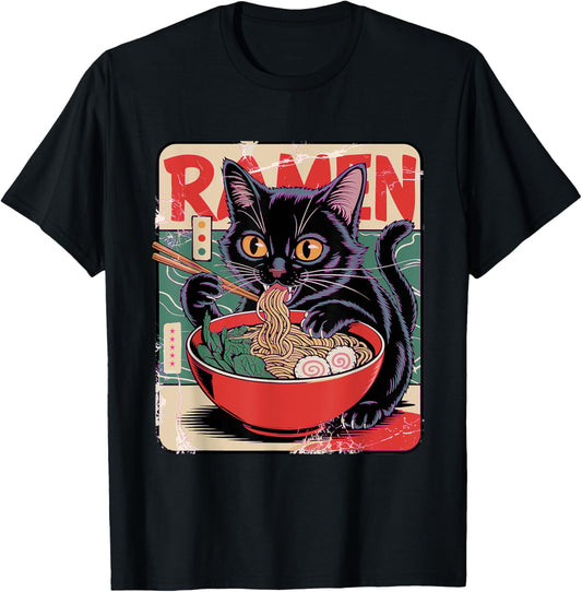 Cat Ramen Anime Design For Women Men Kids Adults Funny Cat T-Shirt