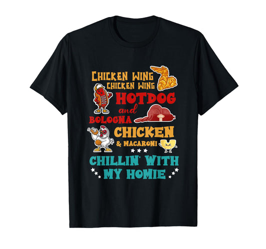 Chillin' With My Homie Thanksgiving Day Turkey Chicken Wing Hot Dog And Bologna Chicken & Macaroni T-Shirt - Unisex-Adults - Black - Small - Short Sleeve - Thanksgiving-Themed Dog Design