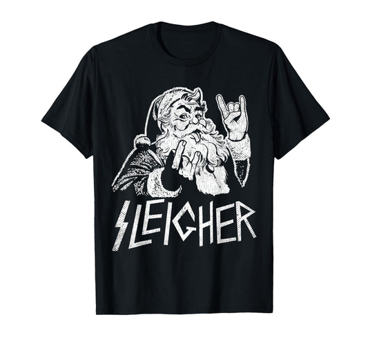 Sleigher Santa Claus Rock On Goth Heavy Metal Christmas T-Shirt