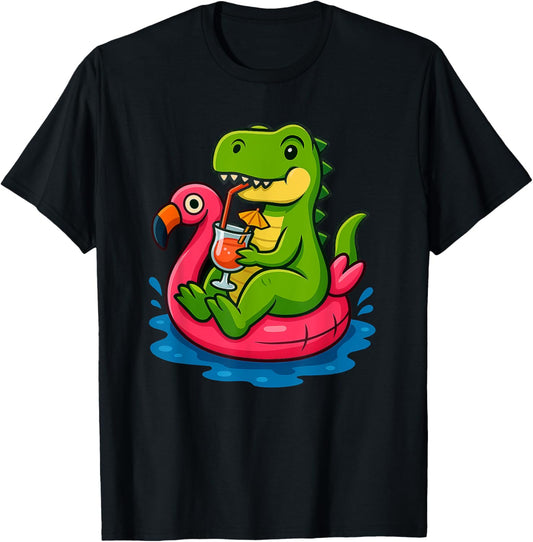 T. Rex on Flamingo Float Funny Summer Dinosaur Cartoon Art T-Shirt