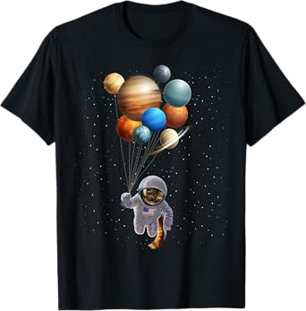 Astronaut Cat in Space Holding Planet Balloon, T-Shirt for Men Women Kids