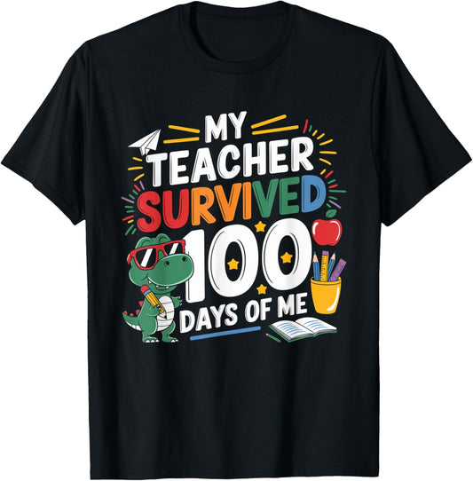 100th Day Of School My Teacher Survived 100 Days Boys Dino T-Shirt