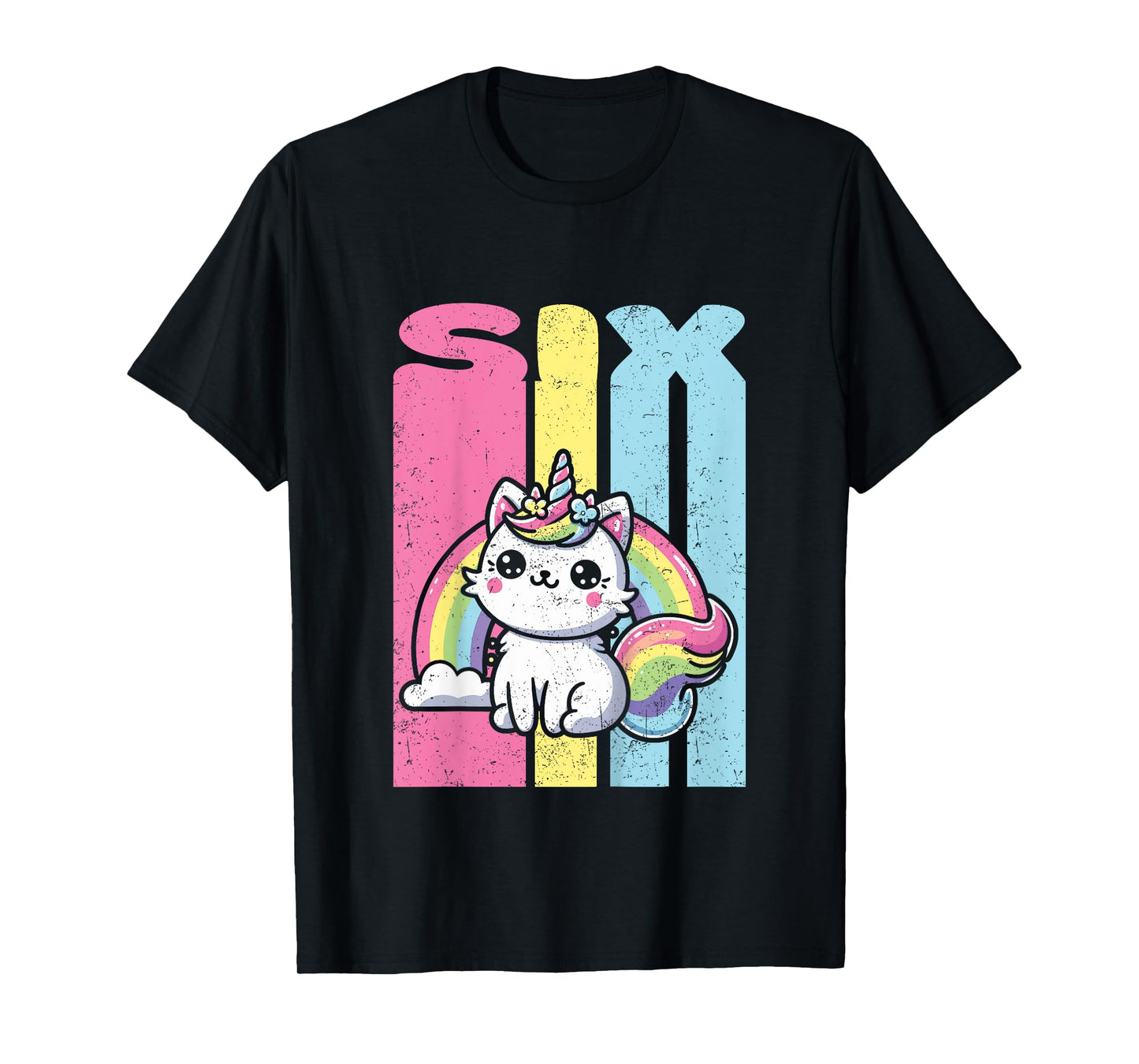 Kids Six 6th Birthday Caticorn Cat Unicorn Rainbow Grunge T-Shirt